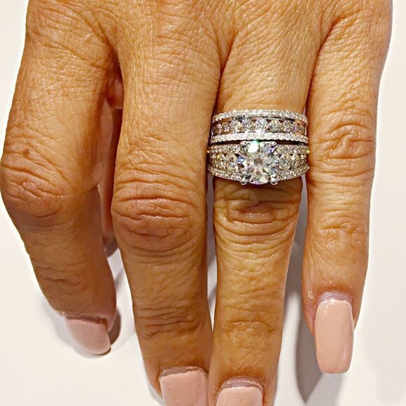 💝 Eternity Full CZ Diamonds Silver Plated Couple Chunky Ring Set, UNVN12286 - Picture 4 of 9